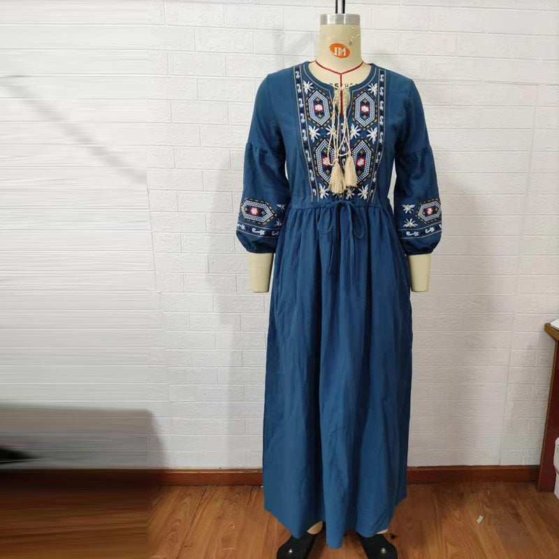 Bohemian style V-Neck Holiday embroidered dresses - Try Modest Limited