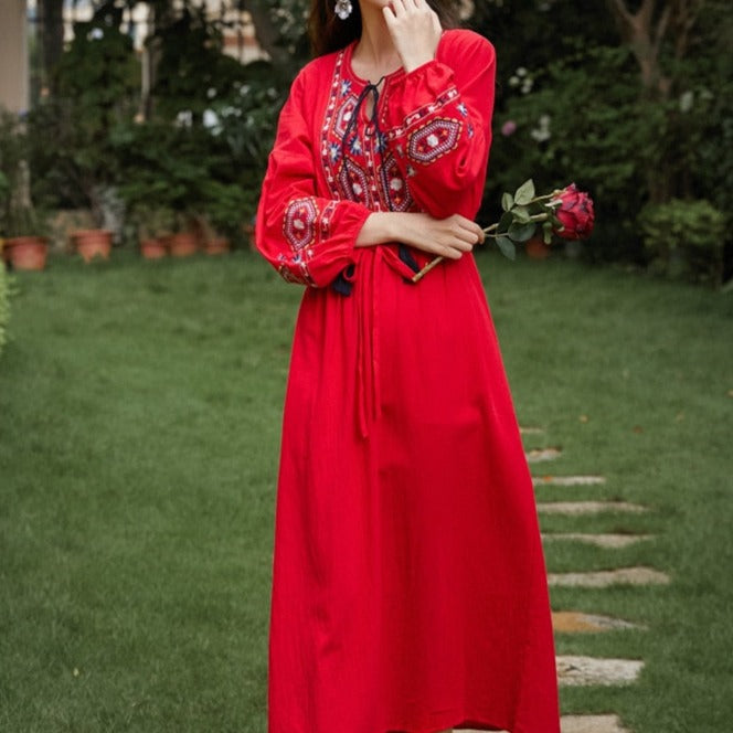 Bohemian style V-Neck Holiday embroidered dresses - Try Modest Limited