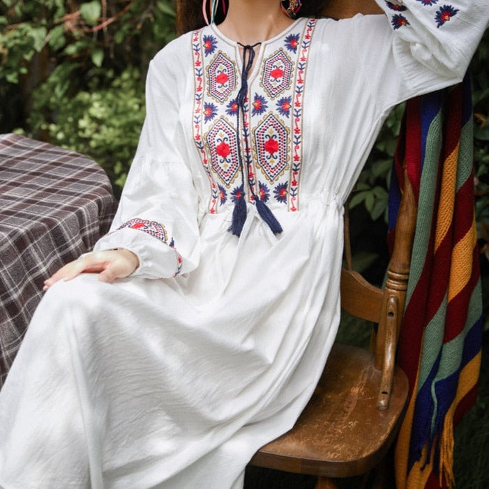 Bohemian style V-Neck Holiday embroidered dresses - Try Modest Limited