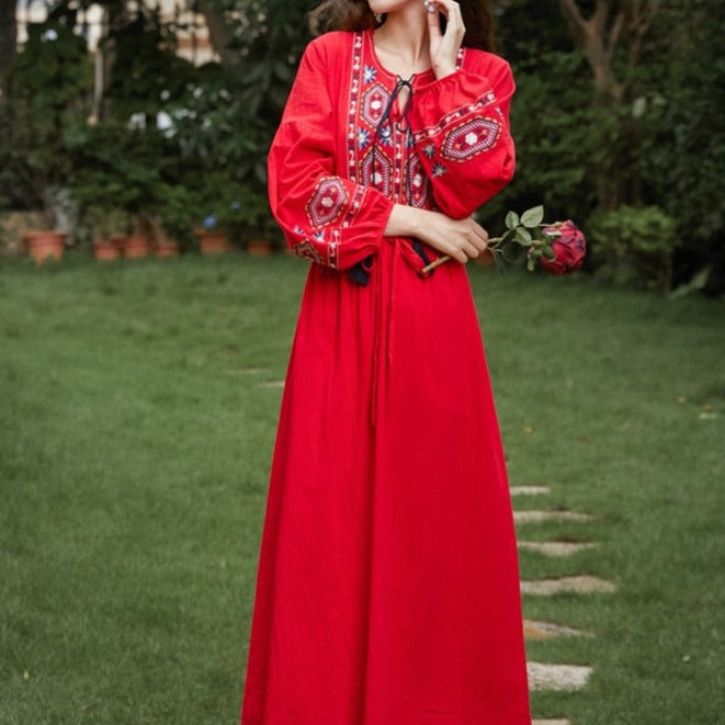 Bohemian style V-Neck Holiday embroidered dresses - Try Modest Limited