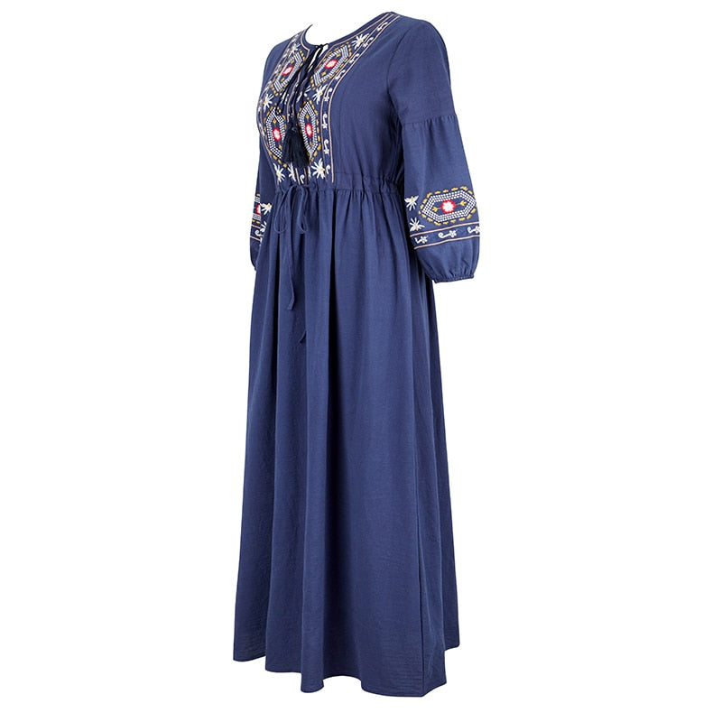 Bohemian style V-Neck Holiday embroidered dresses - Try Modest Limited