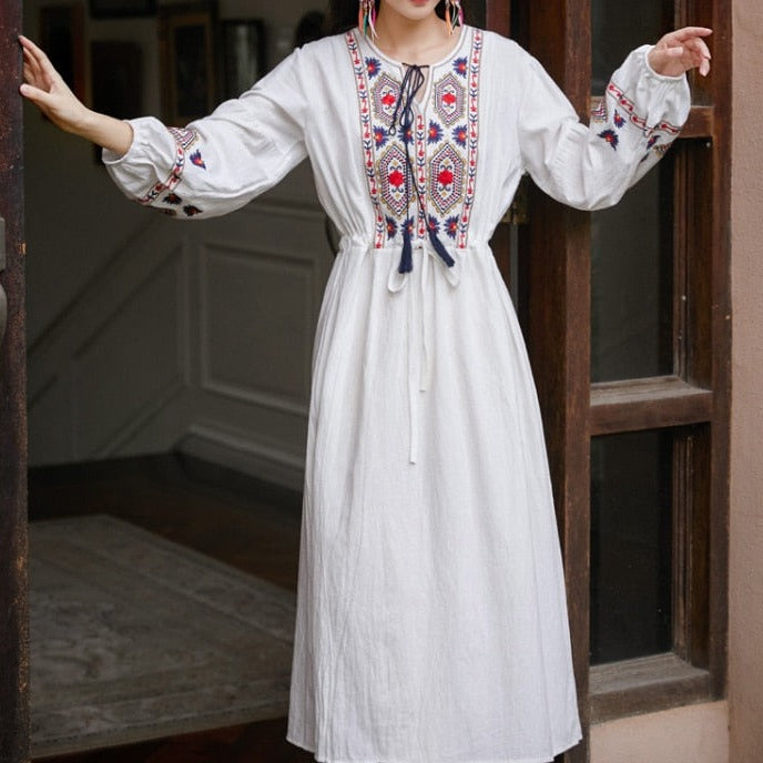 Bohemian style V-Neck Holiday embroidered dresses - Try Modest Limited