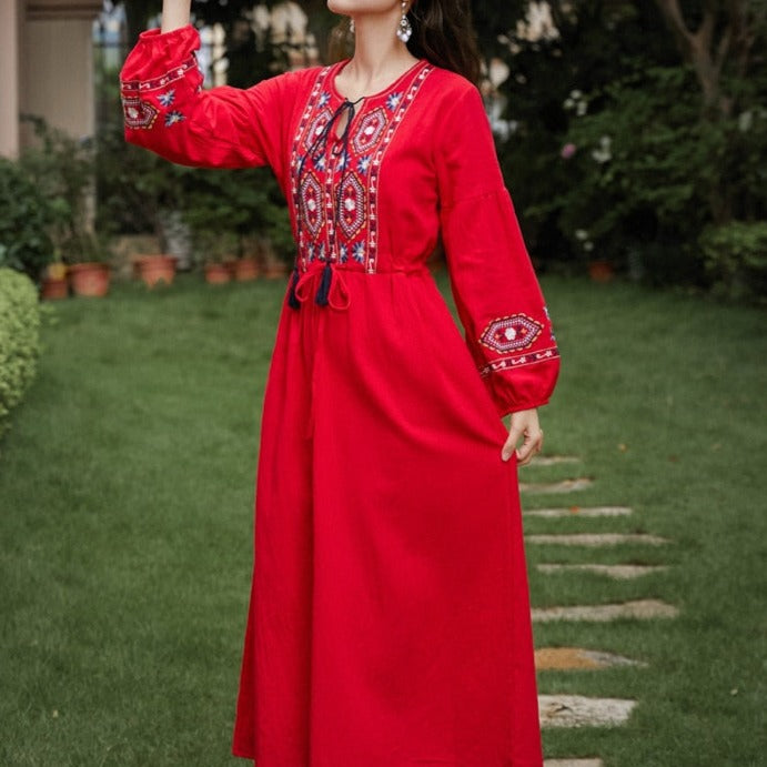 Bohemian style V-Neck Holiday embroidered dresses - Try Modest Limited