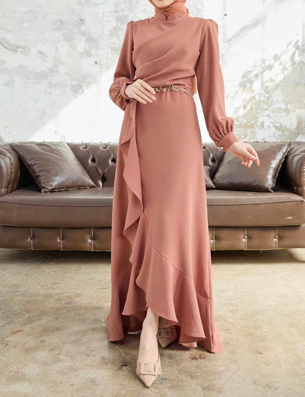 Camel Flared modest evening dress - Try Modest Limited
