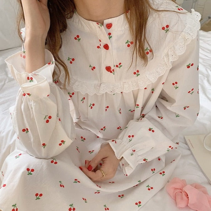Cherry white cotton Sleepwear Korean Dress - Try Modest Limited