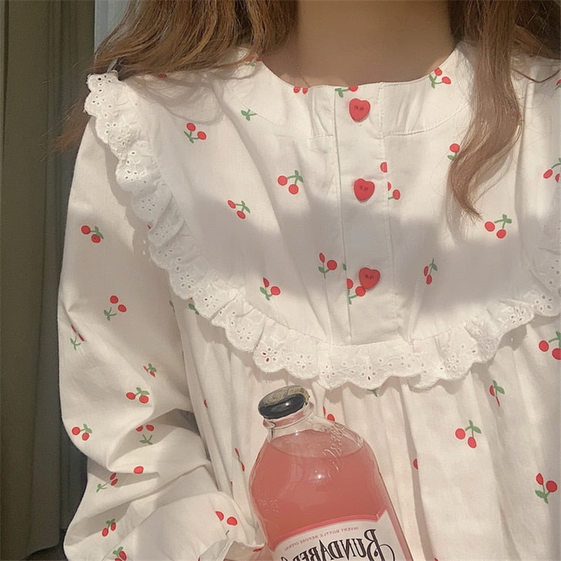 Cherry white cotton Sleepwear Korean Dress - Try Modest Limited