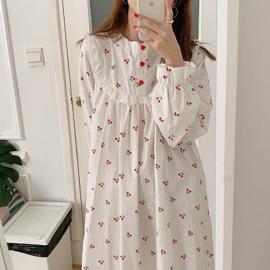 Cherry- white cotton night dress Try Modest Limited 