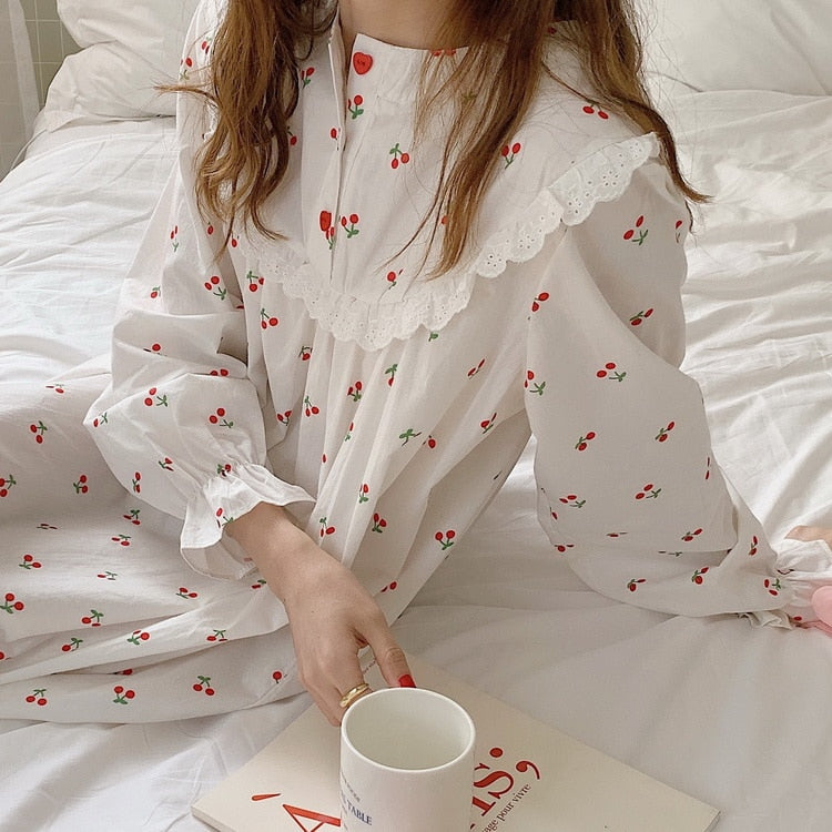 Cherry white cotton Sleepwear Korean Dress - Try Modest Limited