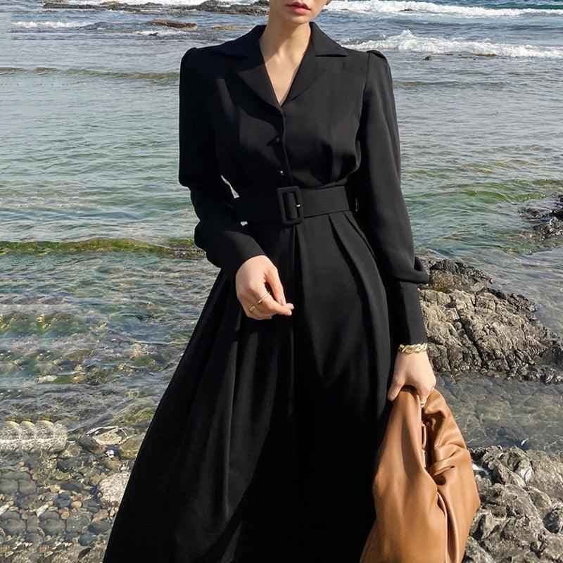 Elegant- Black long maxi dress with belt - Try Modest Limited