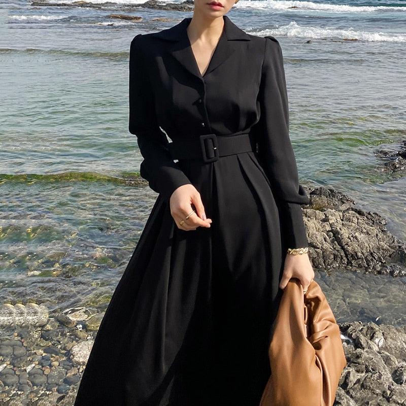 Elegance- Black maxi dress with belt Try Modest