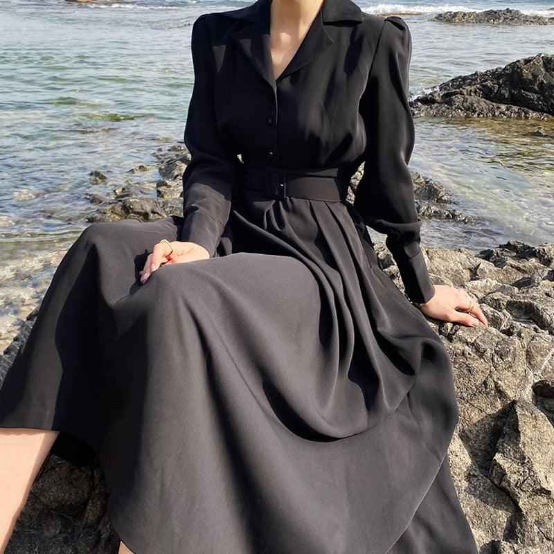 Elegant- Black long maxi dress with belt - Try Modest Limited