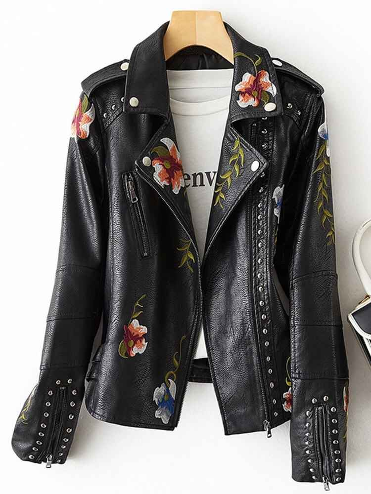 Embroidered Fuax Leather Jacket - Try Modest Limited