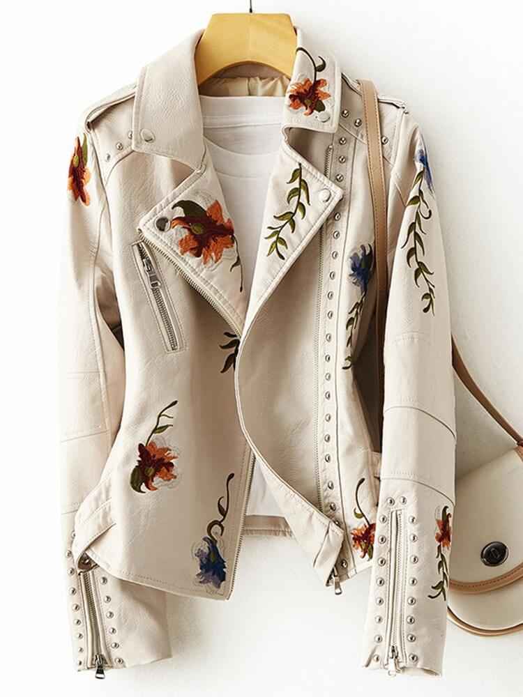 Embroidered Fuax Leather Jacket - Try Modest Limited