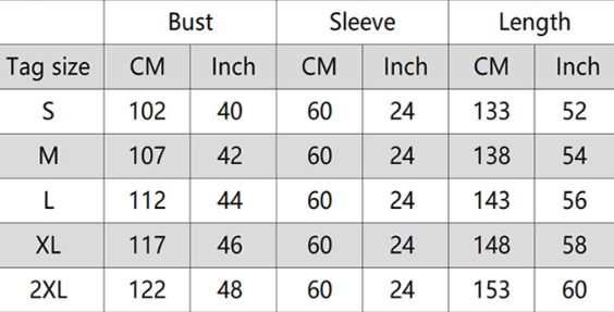 Size chart ramadan abaya 