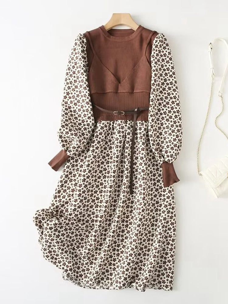 Fall dress with belt- Sweater full-sleeve Dress - Try Modest Limited