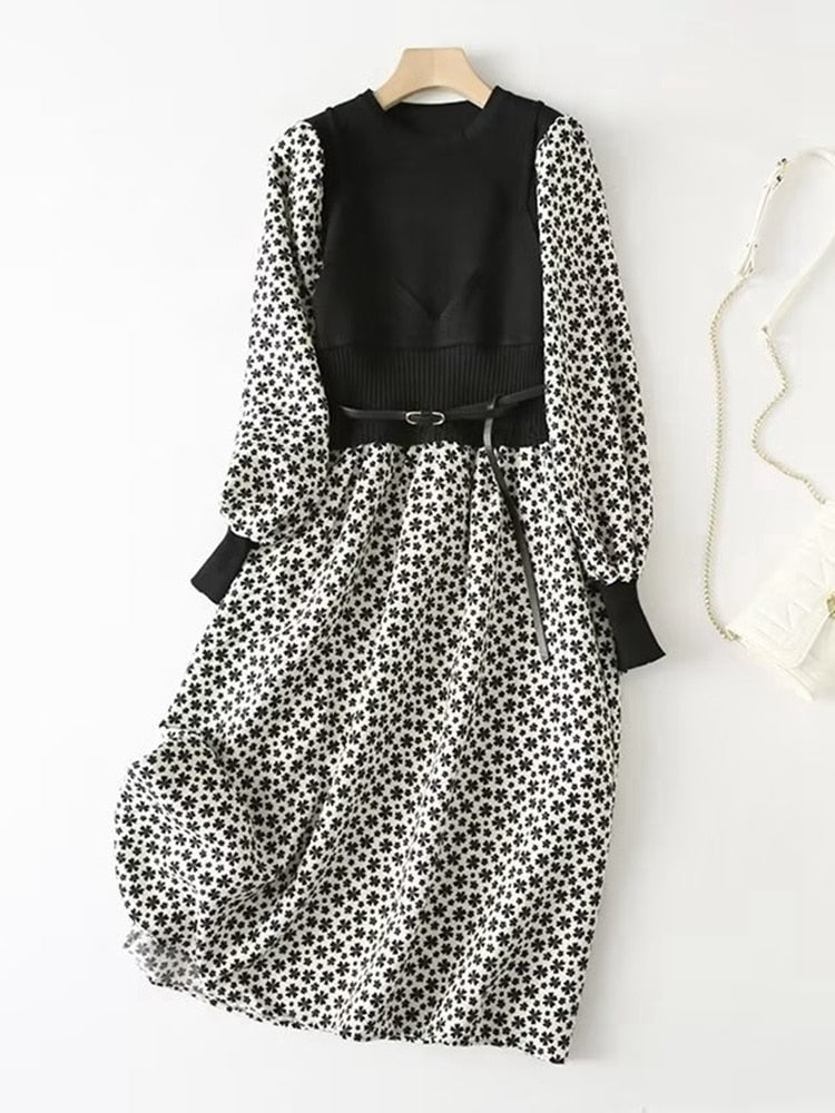 Fall dress with belt- Sweater full-sleeve Dress - Try Modest Limited