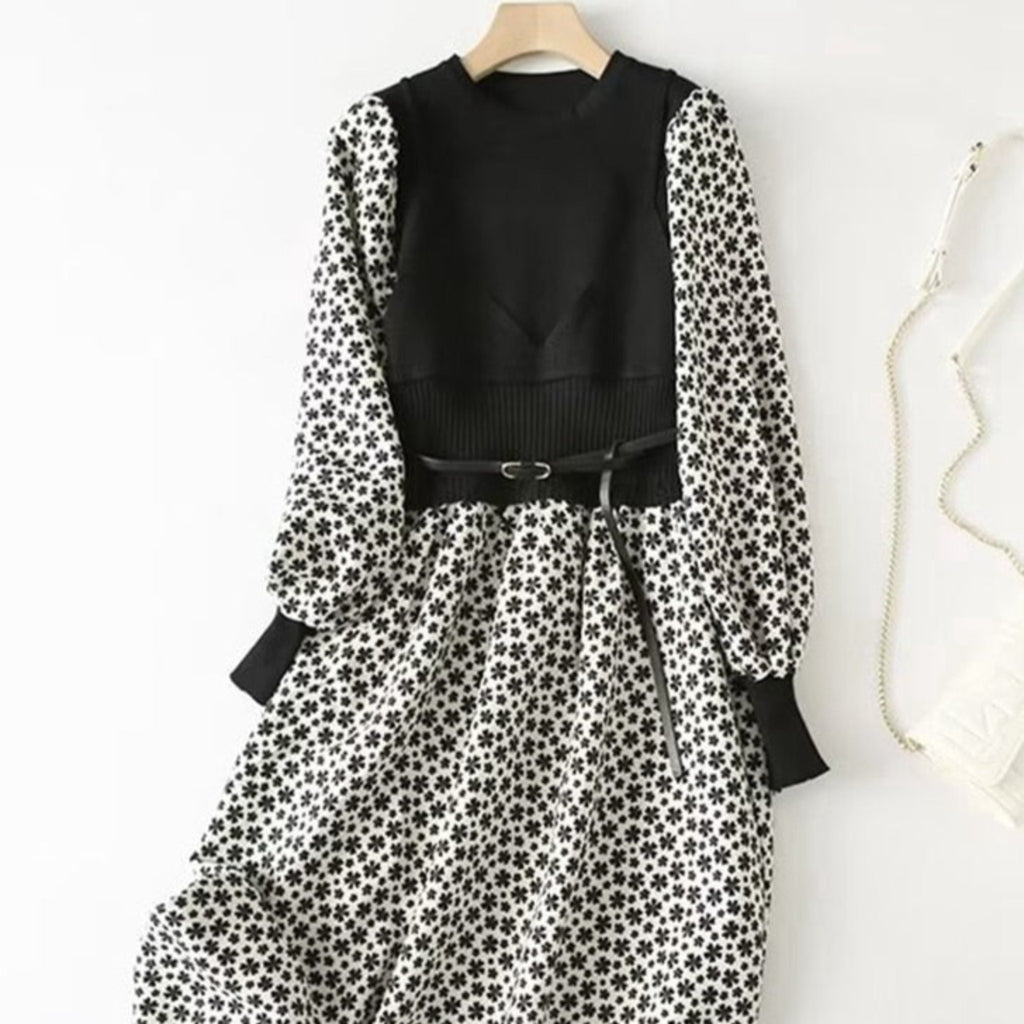 Fall dress with belt- Sweater full-sleeve Dress - Try Modest Limited