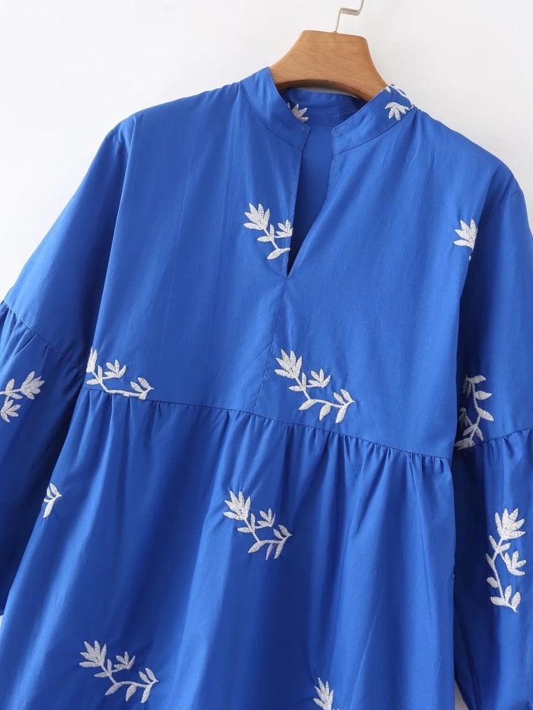 Flower Embroidered Lantern Sleeve Blue Summer Dress - Try Modest Limited