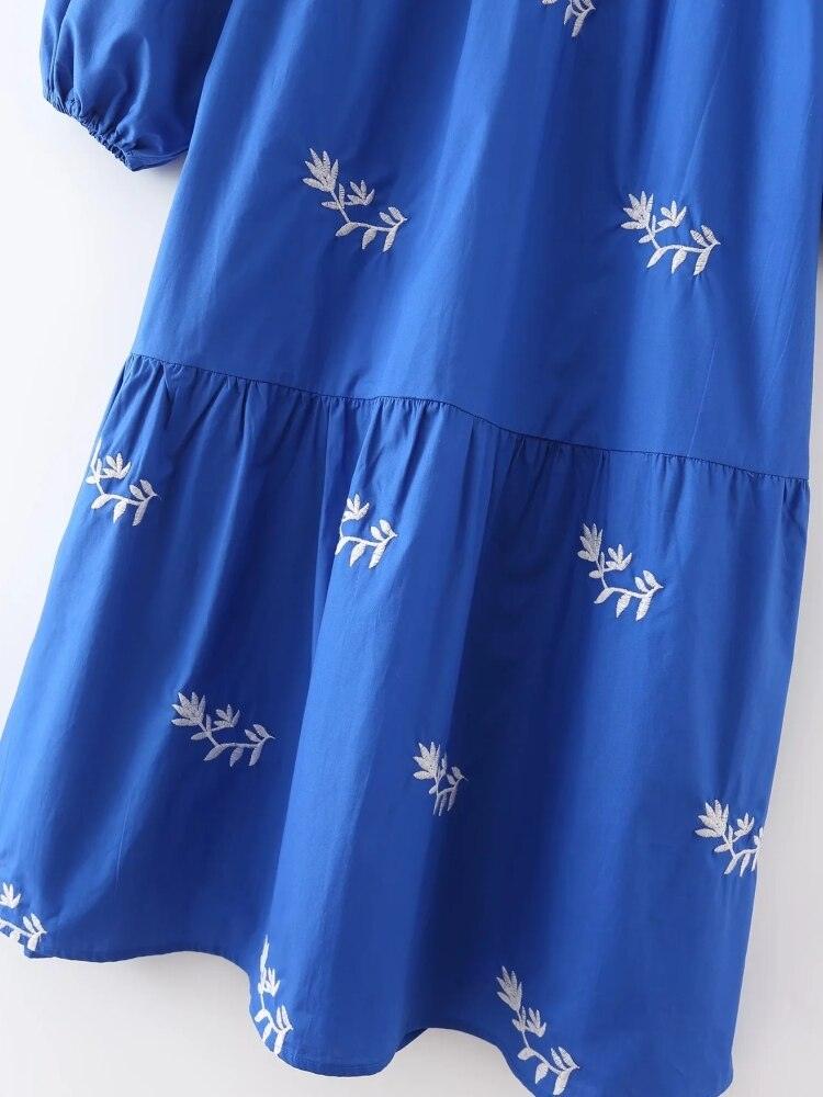 Flower Embroidered Lantern Sleeve Blue Summer Dress - Try Modest Limited