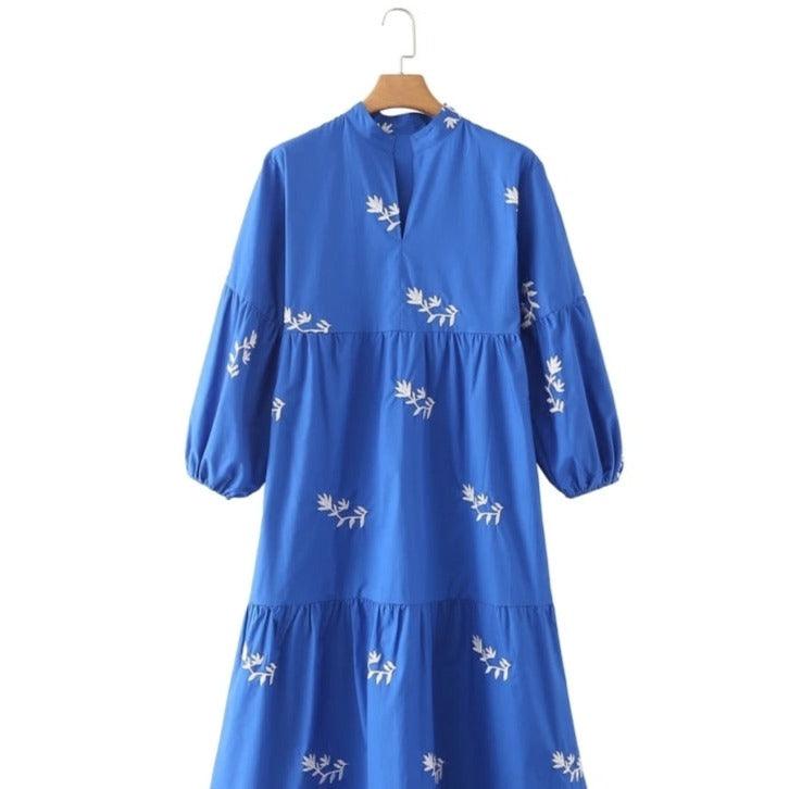 Flower Embroidered Lantern Sleeve Blue Summer Dress - Try Modest Limited