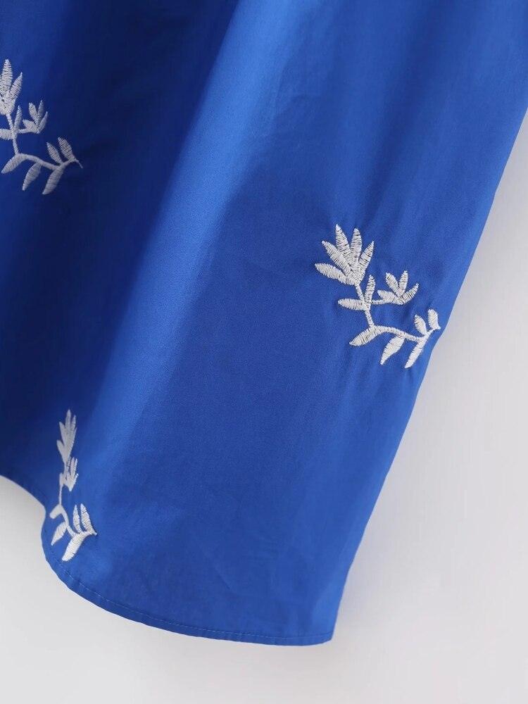 Flower Embroidered Lantern Sleeve Blue Summer Dress - Try Modest Limited