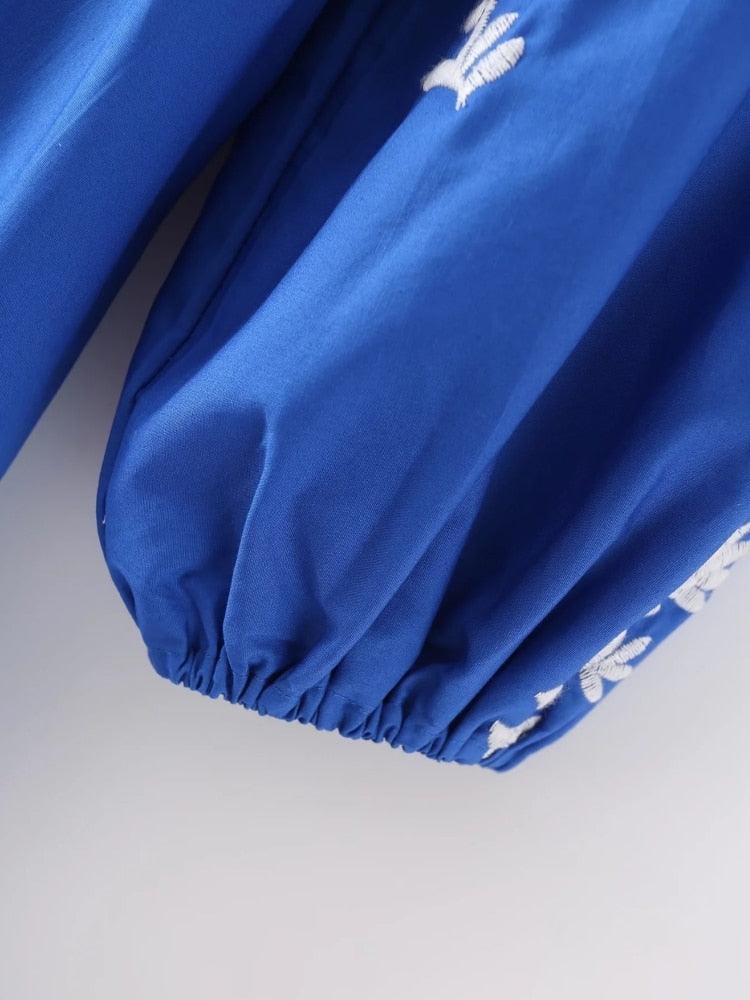 Flower Embroidered Lantern Sleeve Blue Summer Dress - Try Modest Limited