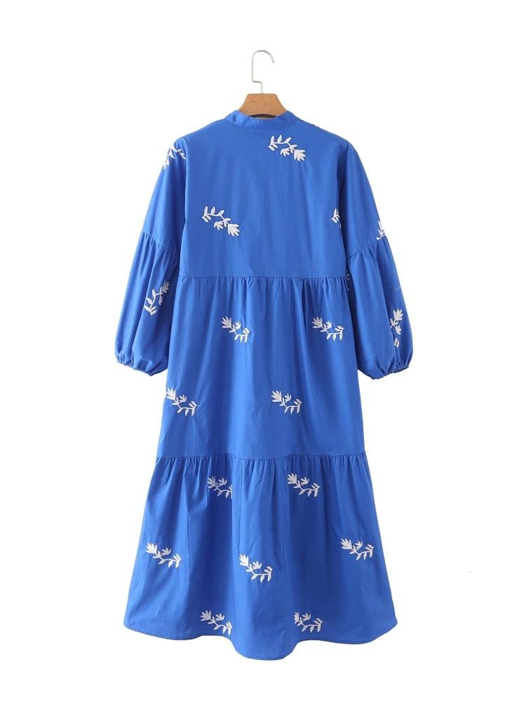 Flower Embroidered Lantern Sleeve Blue Summer Dress - Try Modest Limited