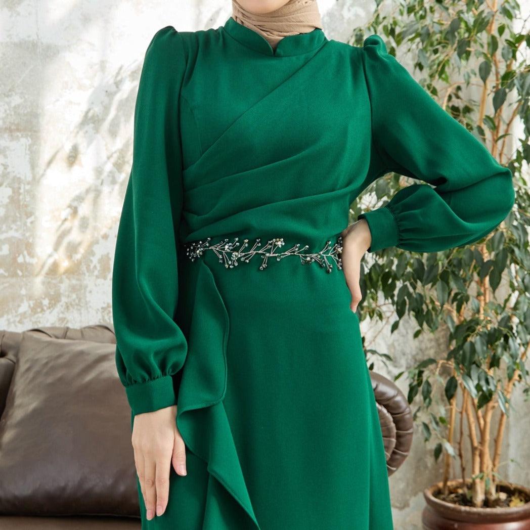 Green Flared modest evening dress - Try Modest Limited 