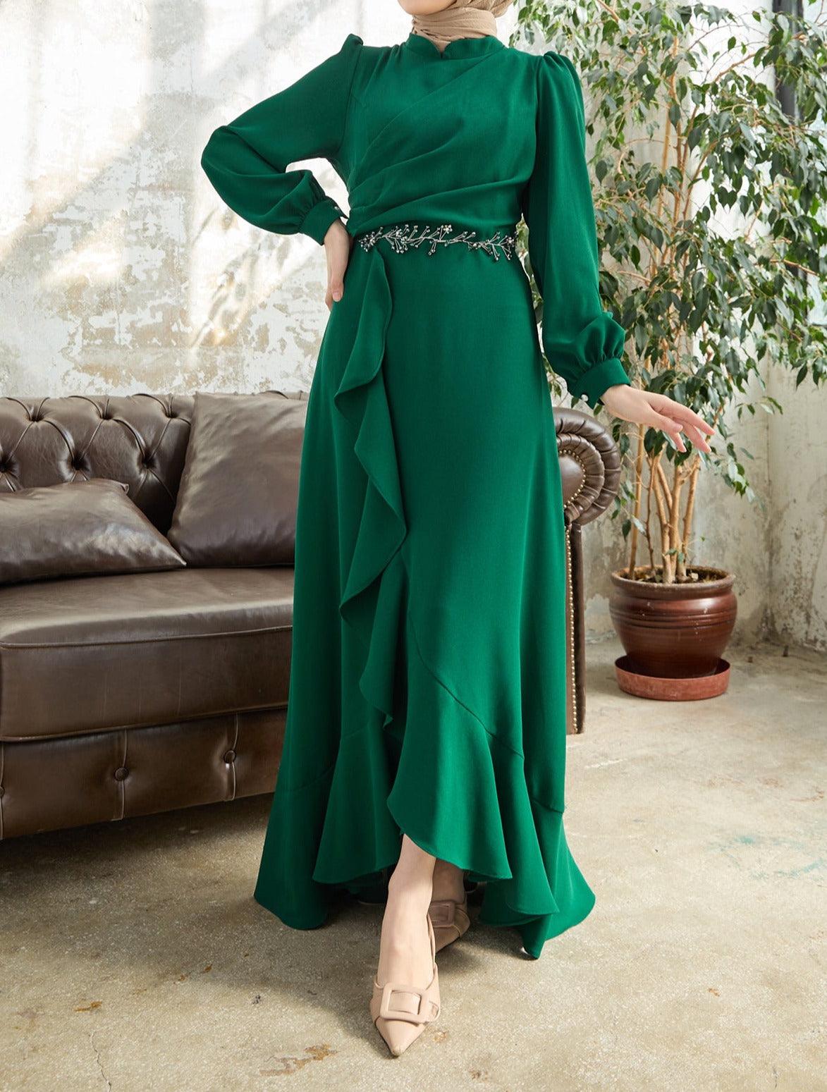 Green Flared modest evening dress - Try Modest Limited 