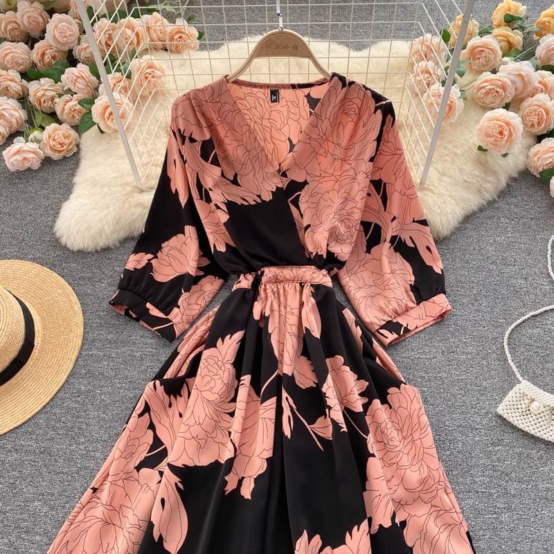 Ideal black Printed V Neck Summer dress - Try Modest Limited