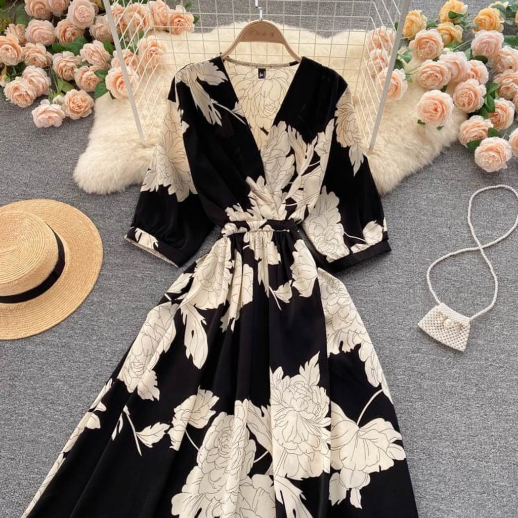 Ideal black Printed V Neck Summer dress - Try Modest Limited