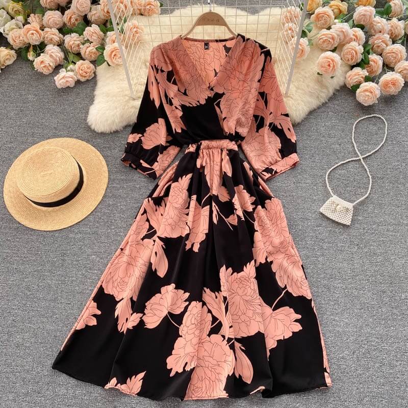 Ideal black Printed V Neck Summer dress - Try Modest Limited