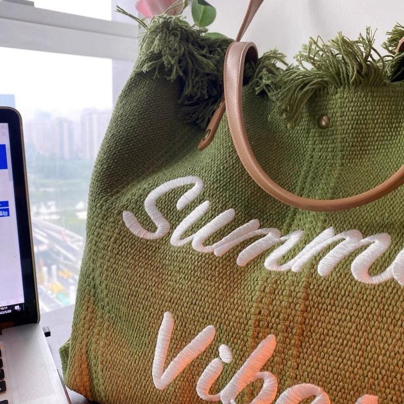 Letters Embroidery Canvas Beach Bag - Try Modest Limited