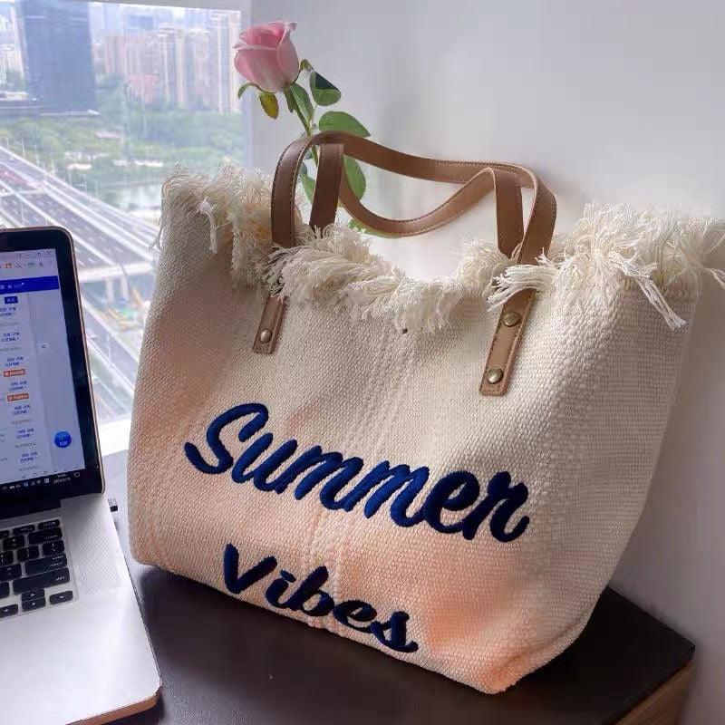 Letters Embroidery Canvas Beach Bag - Try Modest Limited