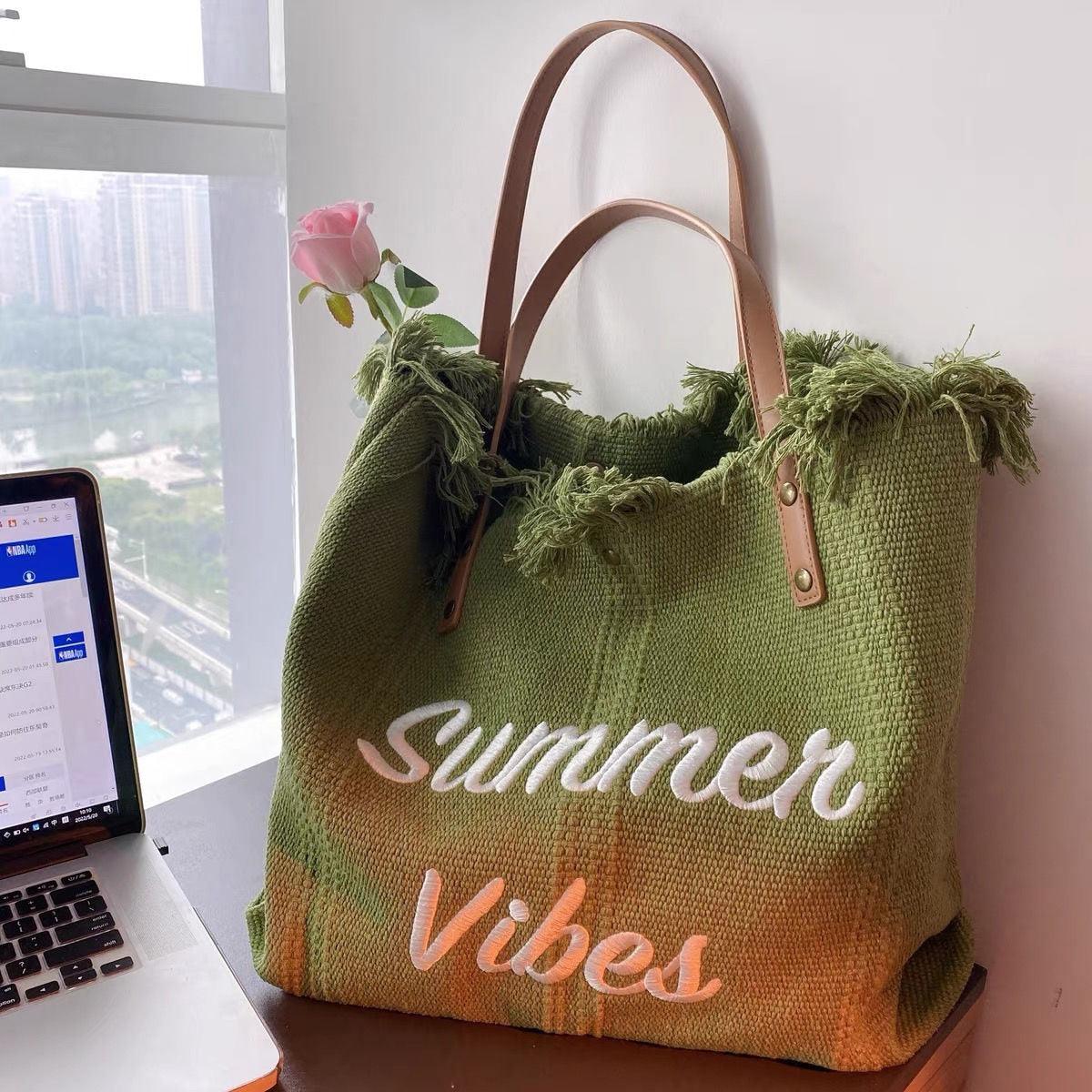 Letters Embroidery Canvas Beach Bag - Try Modest Limited 