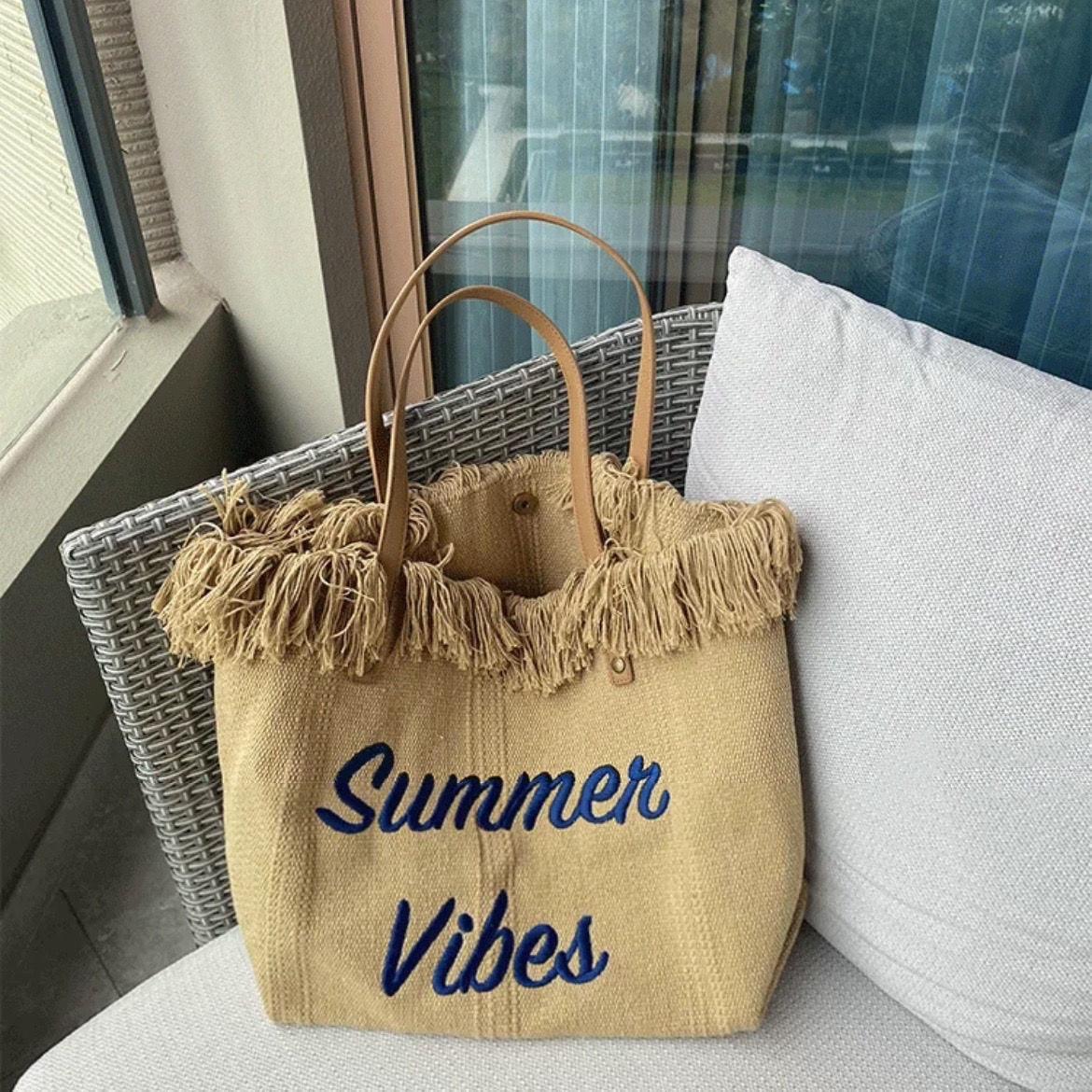 Letters Embroidery Canvas Beach Bag - Try Modest Limited 