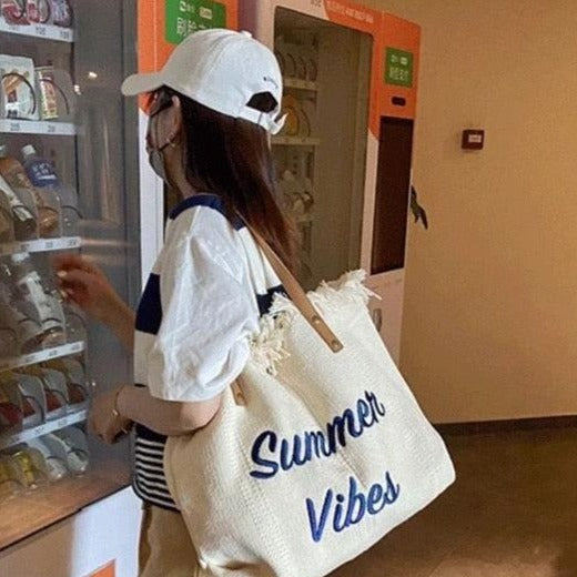 Letters Embroidery Canvas Beach Bag - Try Modest Limited