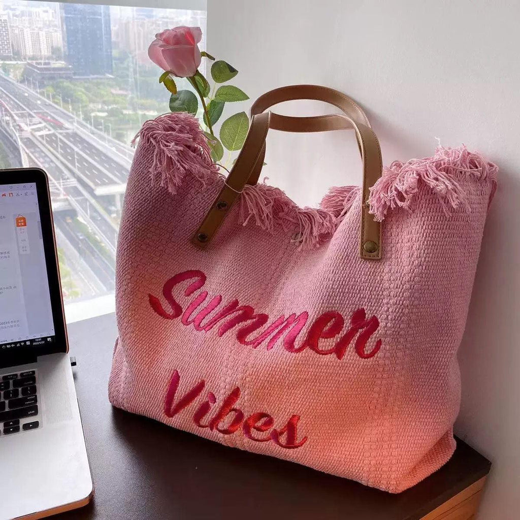 Letters Embroidery Canvas Beach Bag - Try Modest Limited