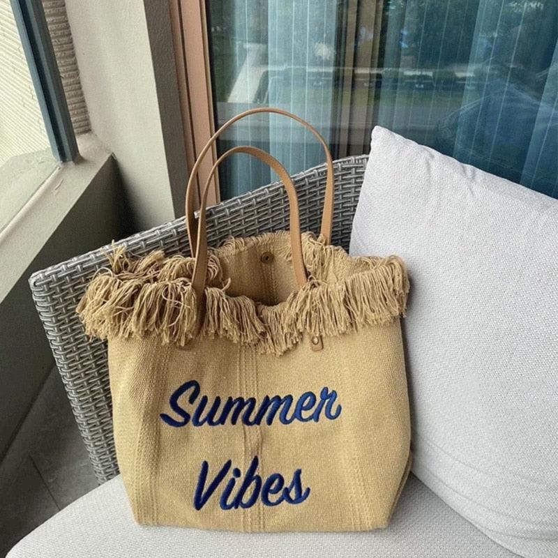 Letters Embroidery Canvas Beach Bag - Try Modest Limited