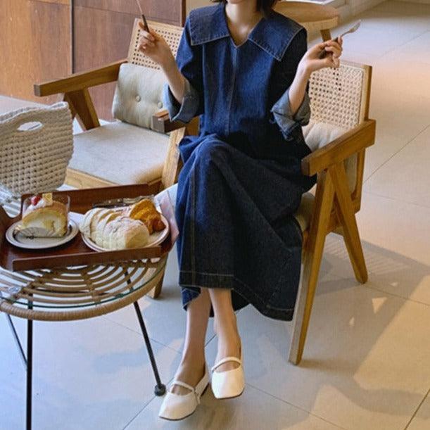 New Denim dress with big turn-down collar - Try Modest Limited