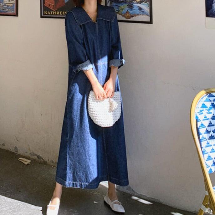 New Denim dress with big turn-down collar - Try Modest Limited