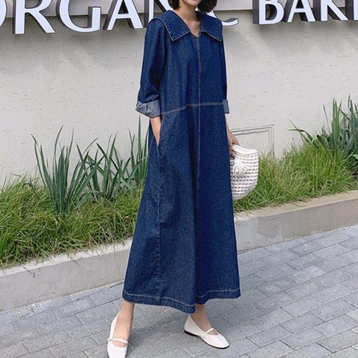 New Denim dress with big turn-down collar - Try Modest Limited