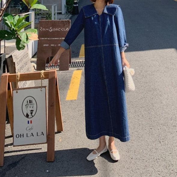 New Denim dress with big turn-down collar - Try Modest Limited