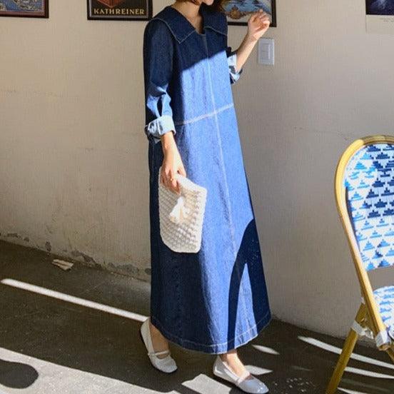 New Denim dress with big turn-down collar - Try Modest Limited
