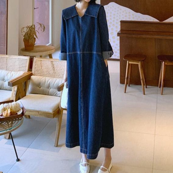 New Denim dress with big turn-down collar - Try Modest Limited