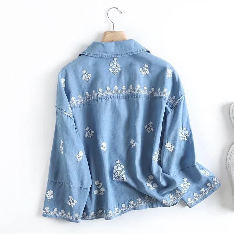 Retro Embroidered Tencel Cotton Denim Shirt - Try Modest Limited 