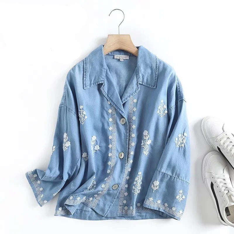 Retro Embroidered Tencel Cotton Denim Shirt - Try Modest Limited 