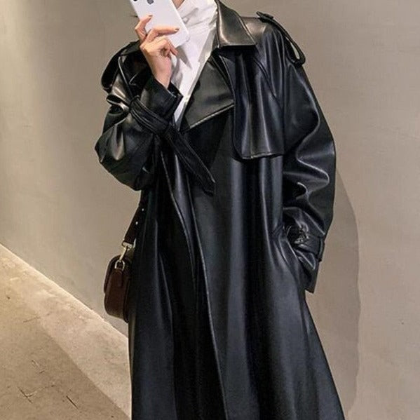 Oversized Long Waterproof Leather Trench Coat - Try Modest Limited