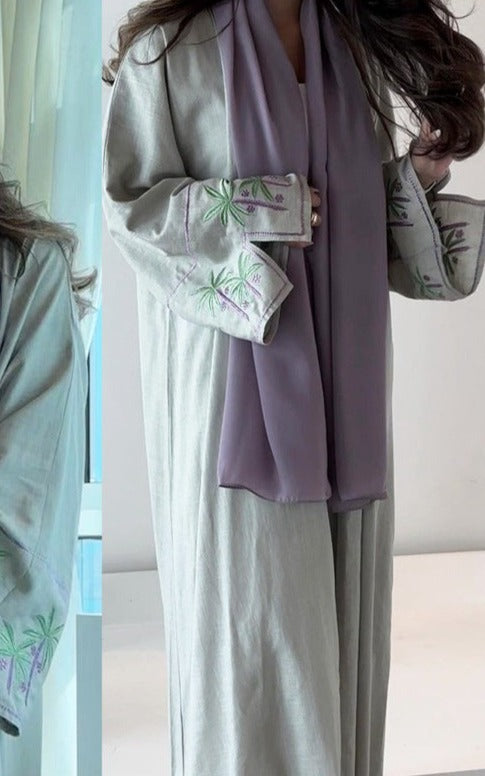 Pea Green Embroidered Abaya Cardigan - Try Modest Limited