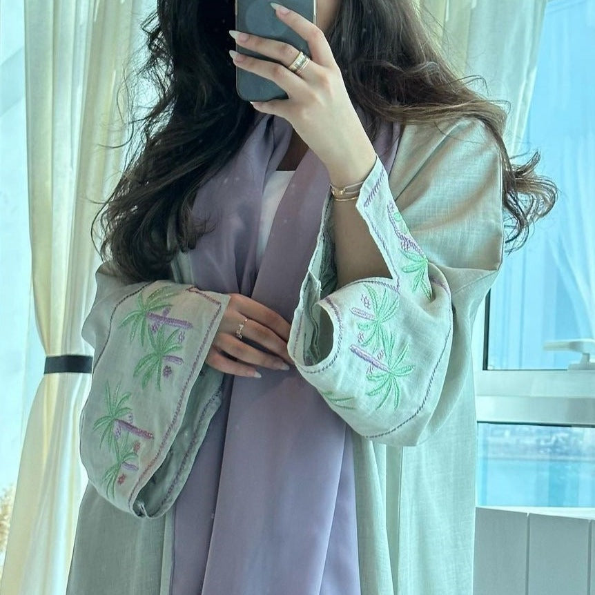 Pea Green Embroidered Abaya Cardigan - Try Modest Limited